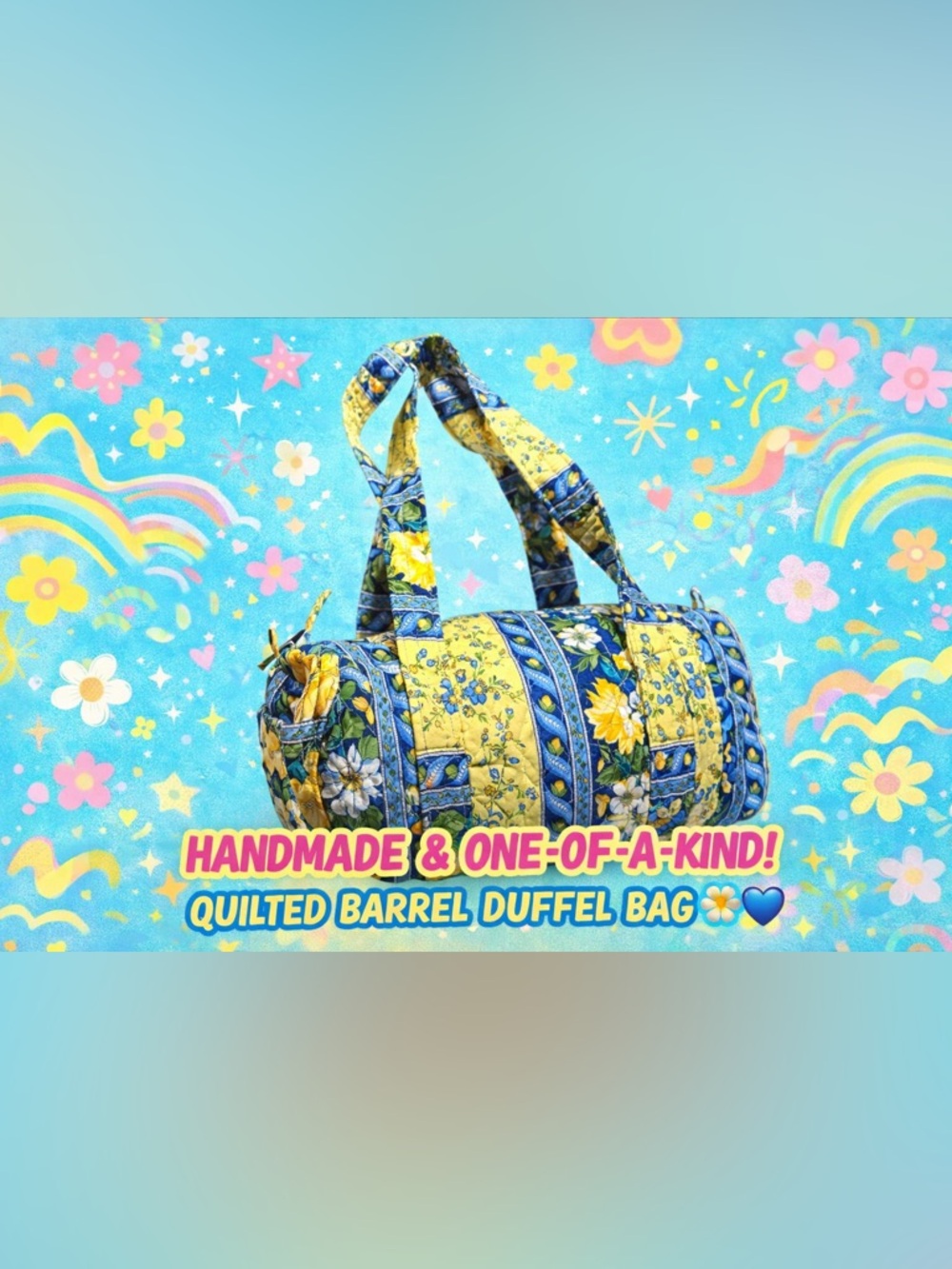 Handmade Quilted Barrel Duffel Bag Blue Yellow Floral